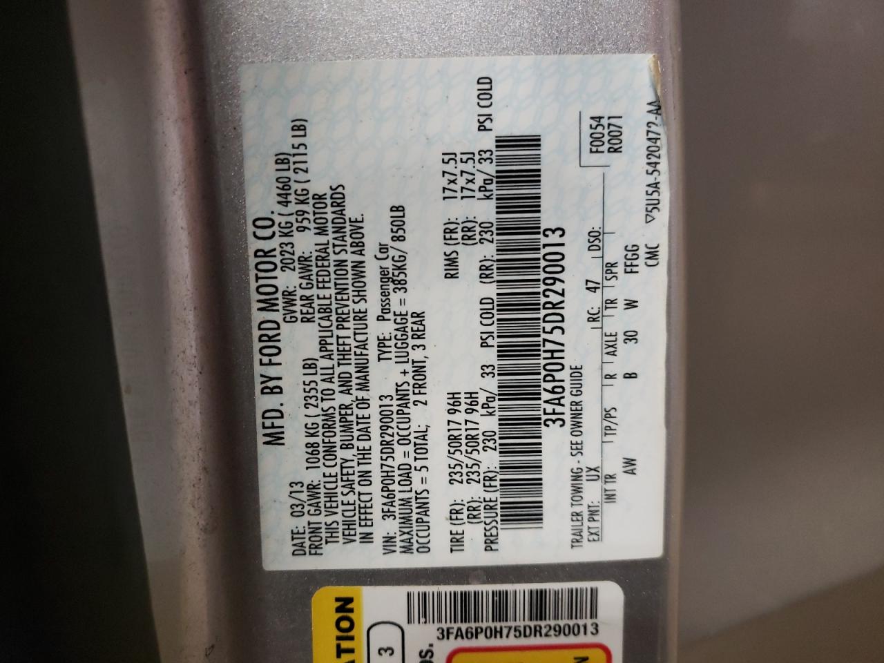 2013 Ford Fusion VIN 3FA6P0H75DR290013 Copart auction photo, front end / minor dent/scratches damage thumbnail 14