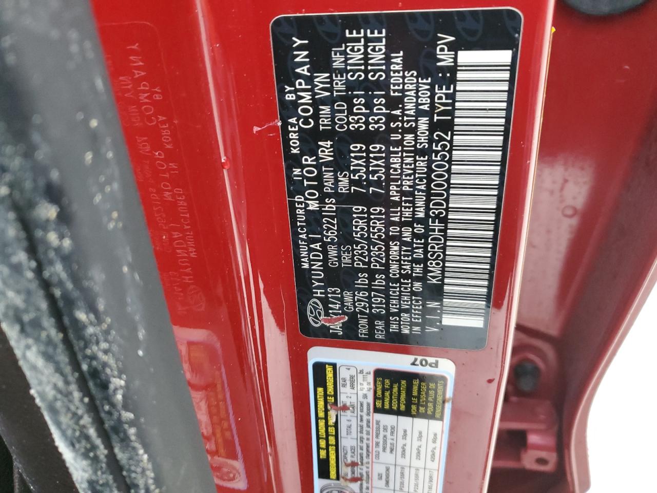 2013 Hyundai Santa Fe VIN KM8SRDHF3DU000552 Copart auction photo, all over damage thumbnail 13