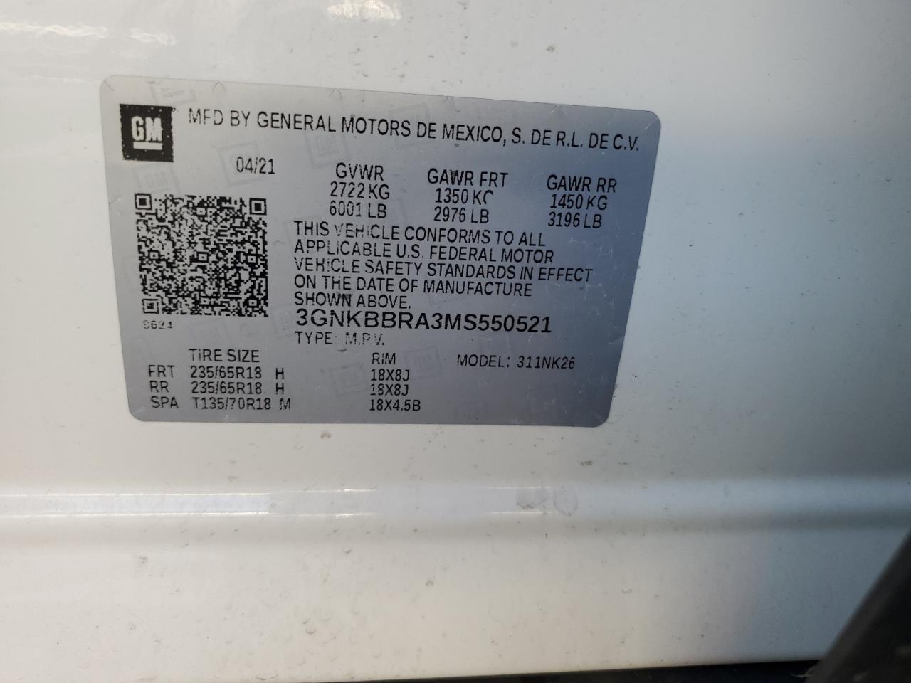 2021 Chevrolet Blazer VIN 3GNKBBRA3MS550521 Copart auction photo, front end damage thumbnail 14