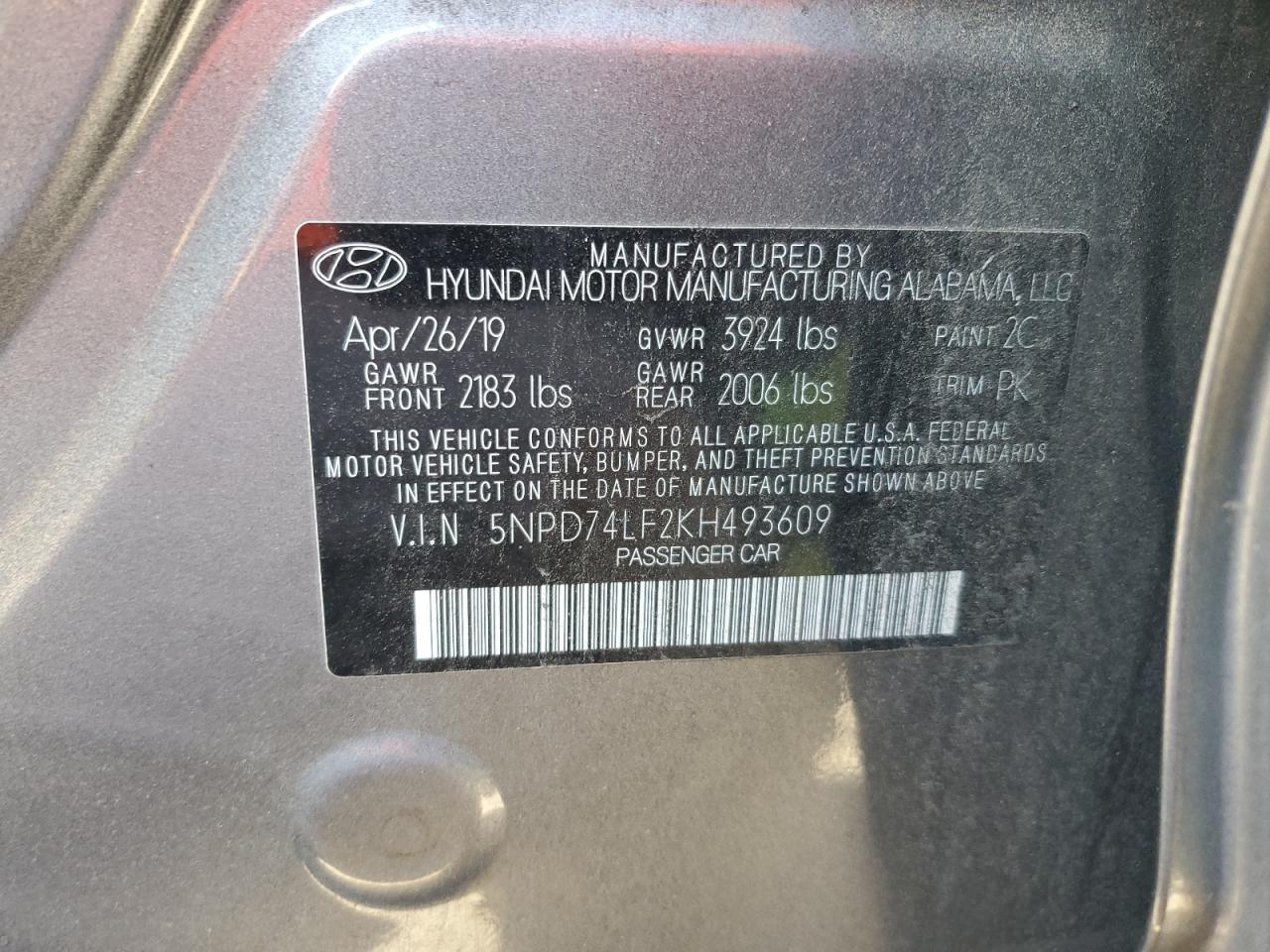 2019 Hyundai Elantra VIN 5NPD74LF2KH493609 Copart auction photo, front end damage thumbnail 12
