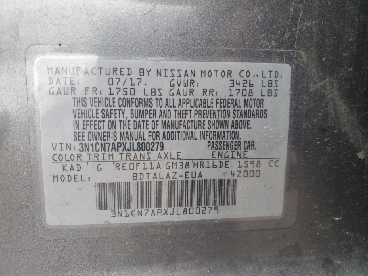 2018 Nissan Versa VIN 3N1CN7APXJL800279 Copart auction photo, front end damage thumbnail 12