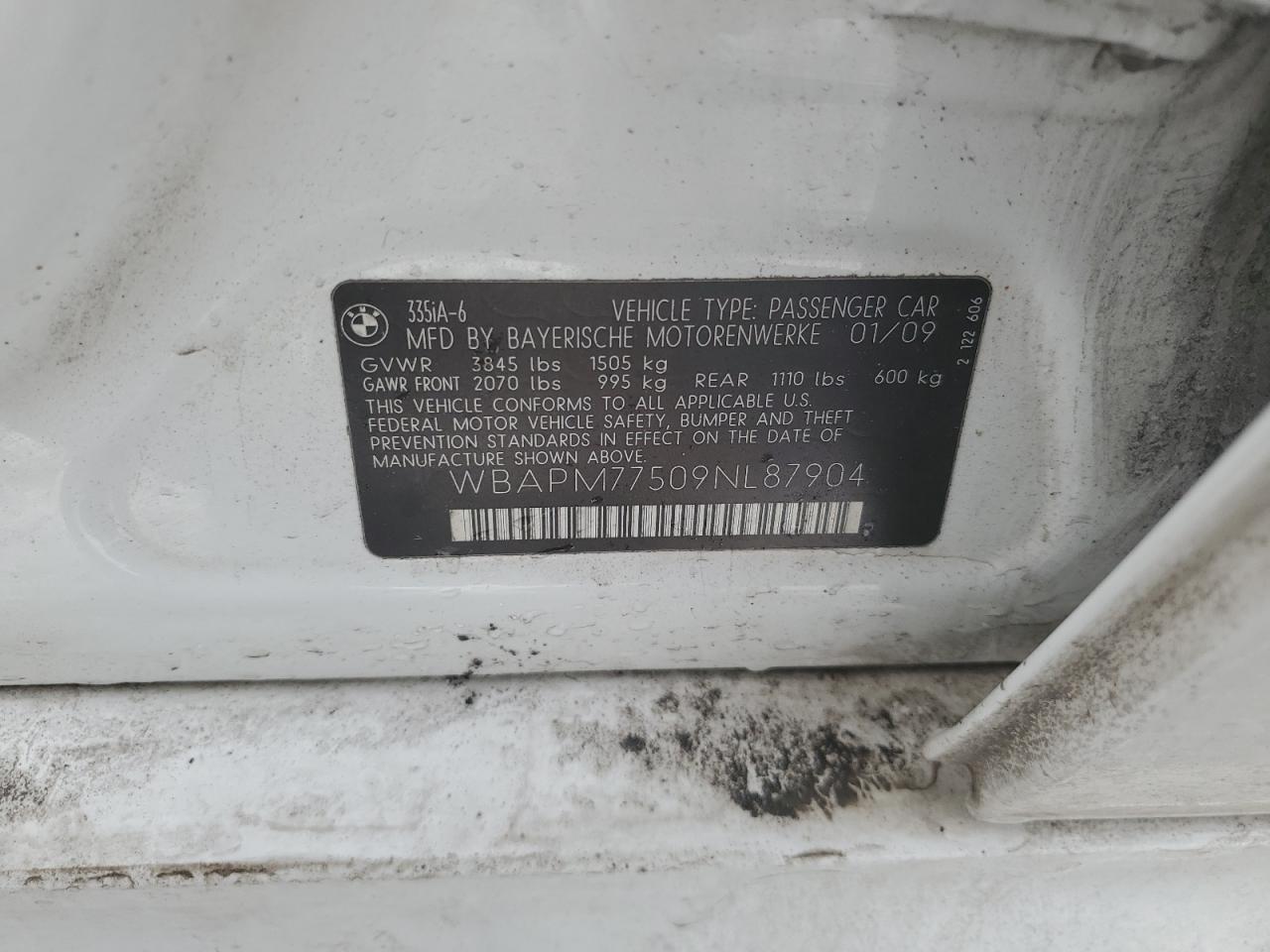 2009 BMW 3er VIN WBAPM77509NL87904 Copart auction photo, front end damage thumbnail 14