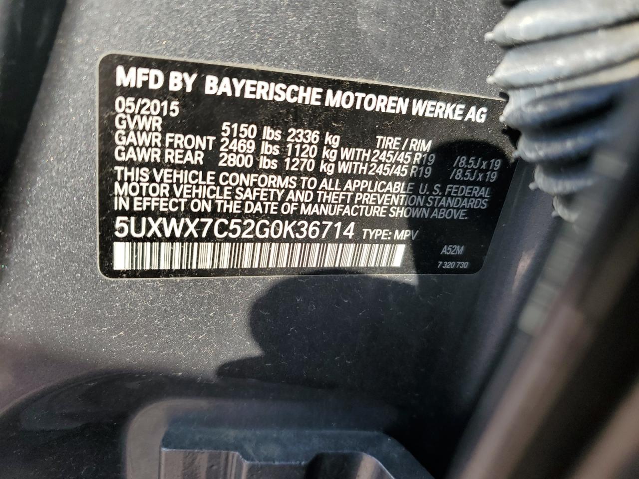 2016 BMW X3 VIN 5UXWX7C52G0K36714 Copart auction photo, all over / stripped damage thumbnail 14
