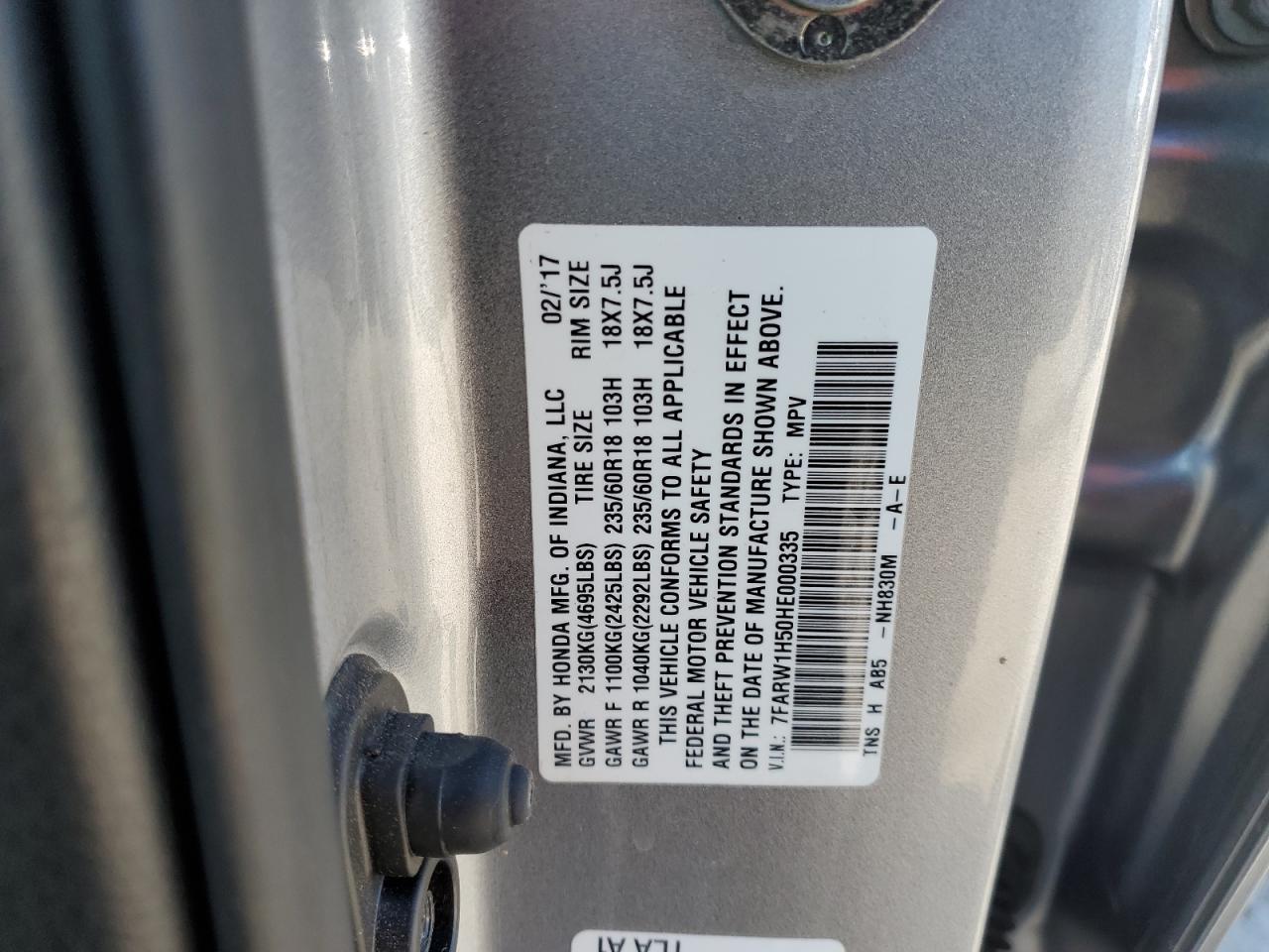 2017 Honda CR-V VIN 7FARW1H50HE000335 Copart auction photo, side / front end damage thumbnail 14