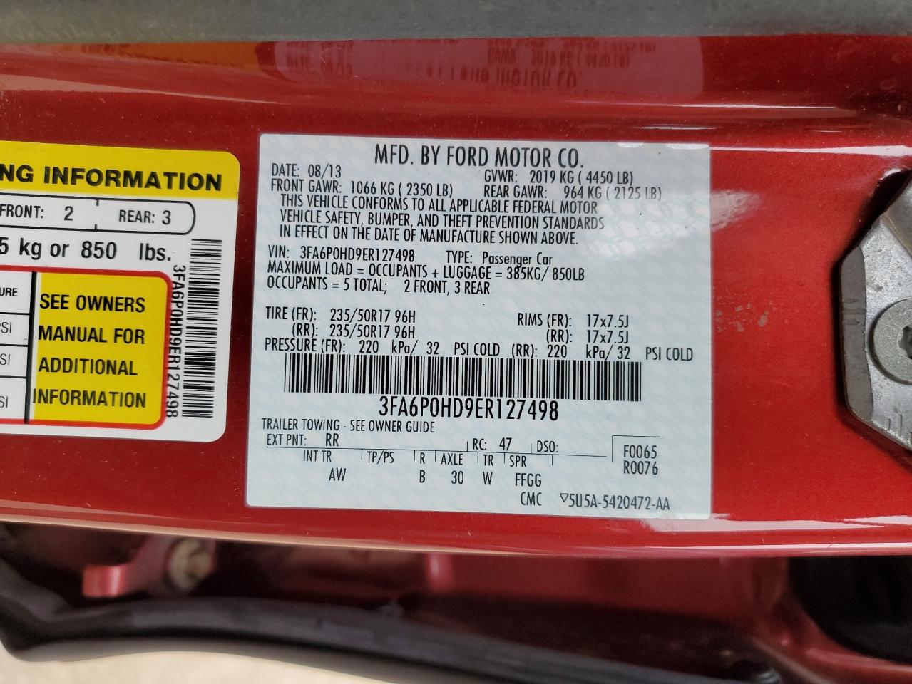 2014 Ford Fusion VIN 3FA6P0HD9ER127498 Copart auction photo, front end / side damage thumbnail 12