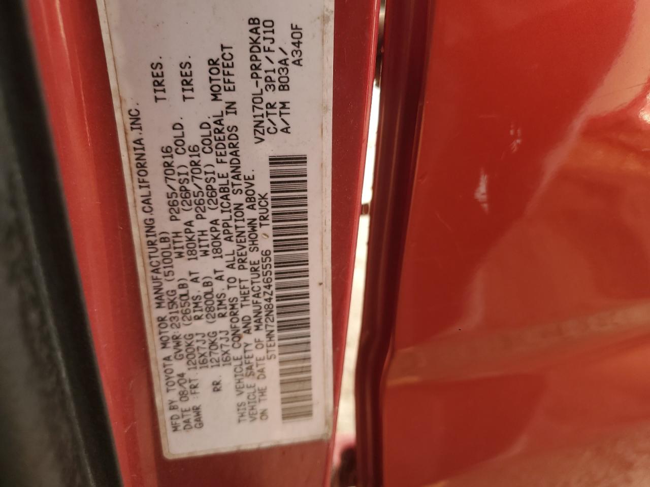 2004 Toyota Tacoma VIN 5TEHN72N84Z465556 Copart auction photo, rear end / minor dent/scratches damage thumbnail 12