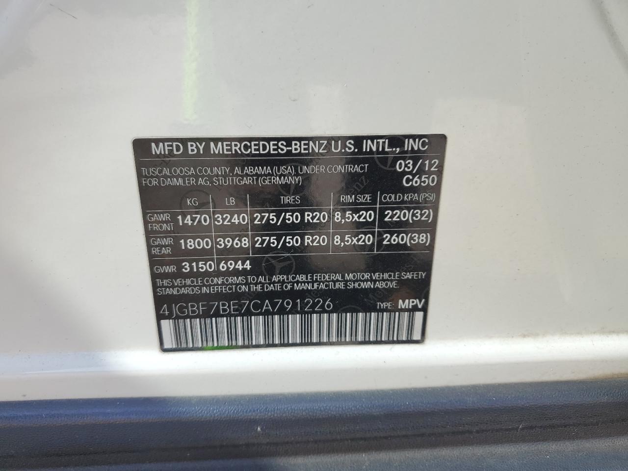 2012 Mercedes-Benz GL-klasse VIN 4JGBF7BE7CA791226 Copart auction photo, front end damage thumbnail 14