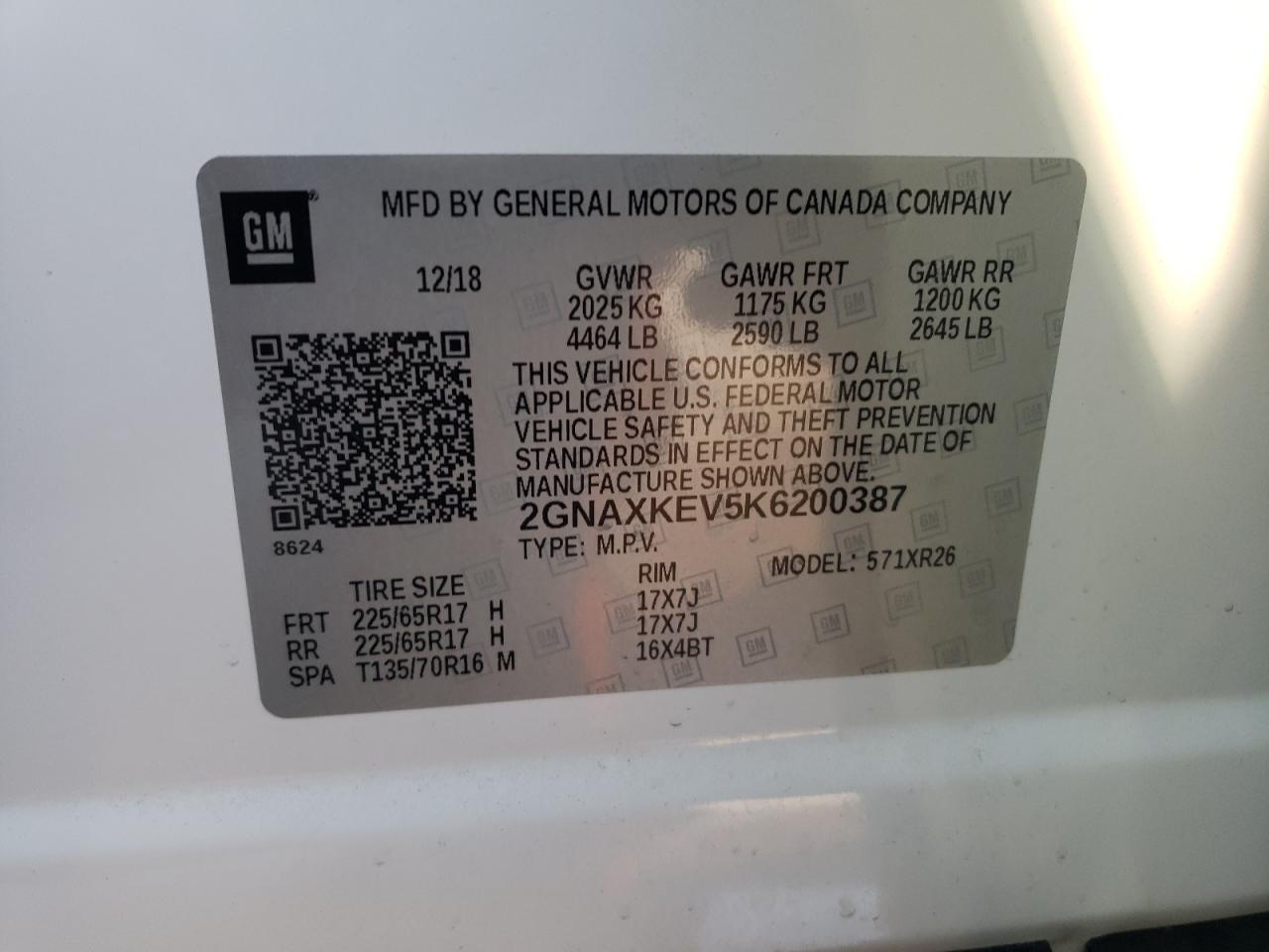2019 Chevrolet Equinox VIN 2GNAXKEV5K6200387 Copart auction photo, front end / minor dent/scratches damage thumbnail 15