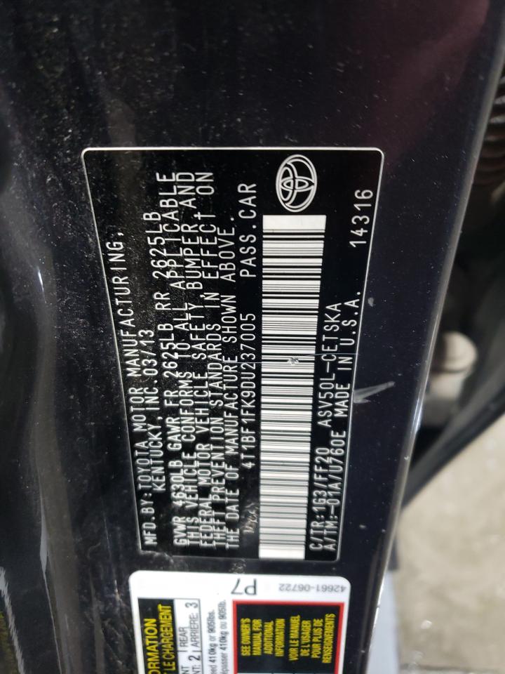 2013 Toyota Camry VIN 4T1BF1FK9DU237005 Copart auction photo, front end / hail damage thumbnail 12