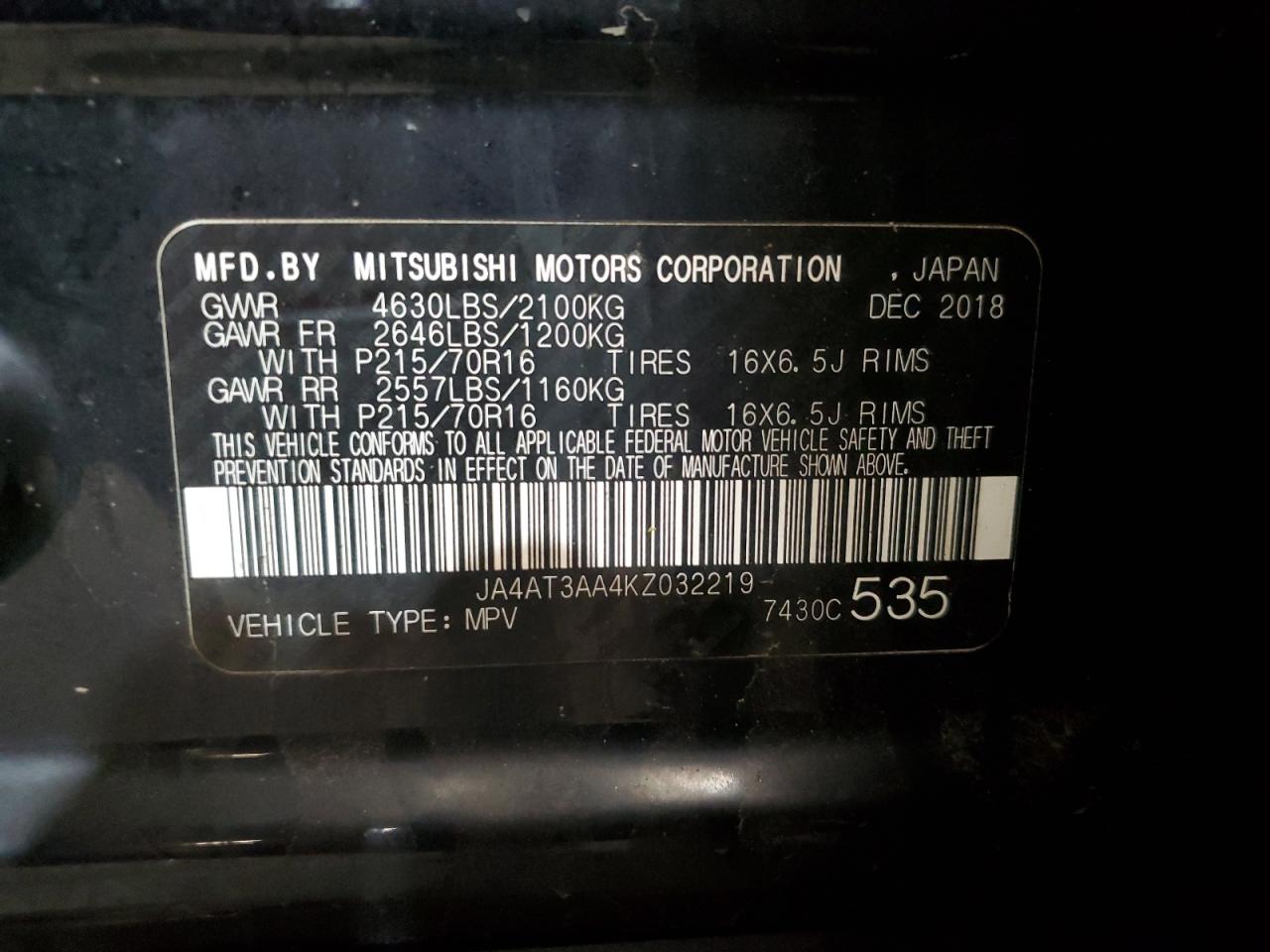 2019 Mitsubishi Eclipse VIN JA4AT3AA4KZ032219 Copart auction photo, front end damage thumbnail 14