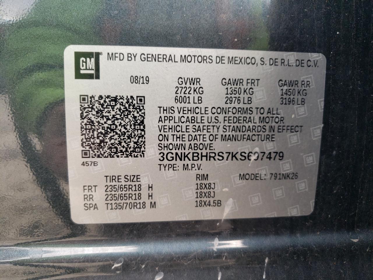 2019 Chevrolet Blazer VIN 3GNKBHRS7KS697479 Copart auction photo, front end / side damage thumbnail 13
