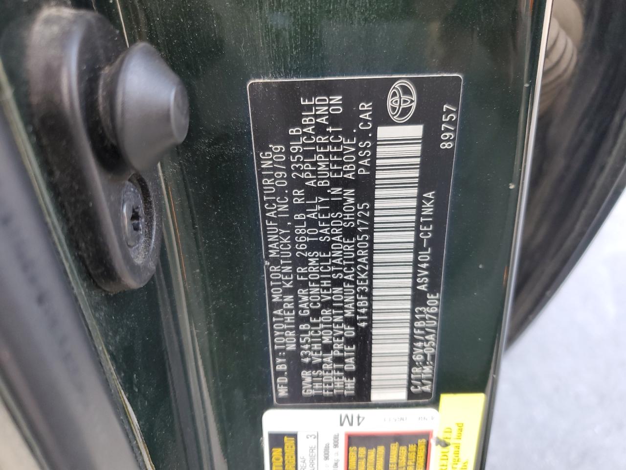 2010 Toyota Camry VIN 4T4BF3EK2AR051725 Copart auction photo, front end damage thumbnail 15