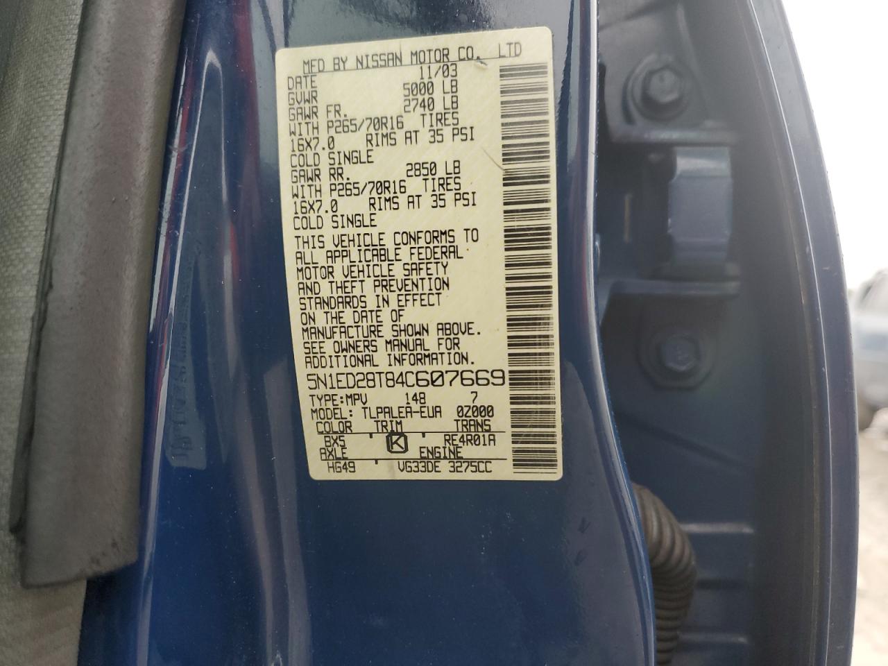 2004 Nissan XTerra VIN 5N1ED28T84C607669 Copart auction photo, front end damage thumbnail 15