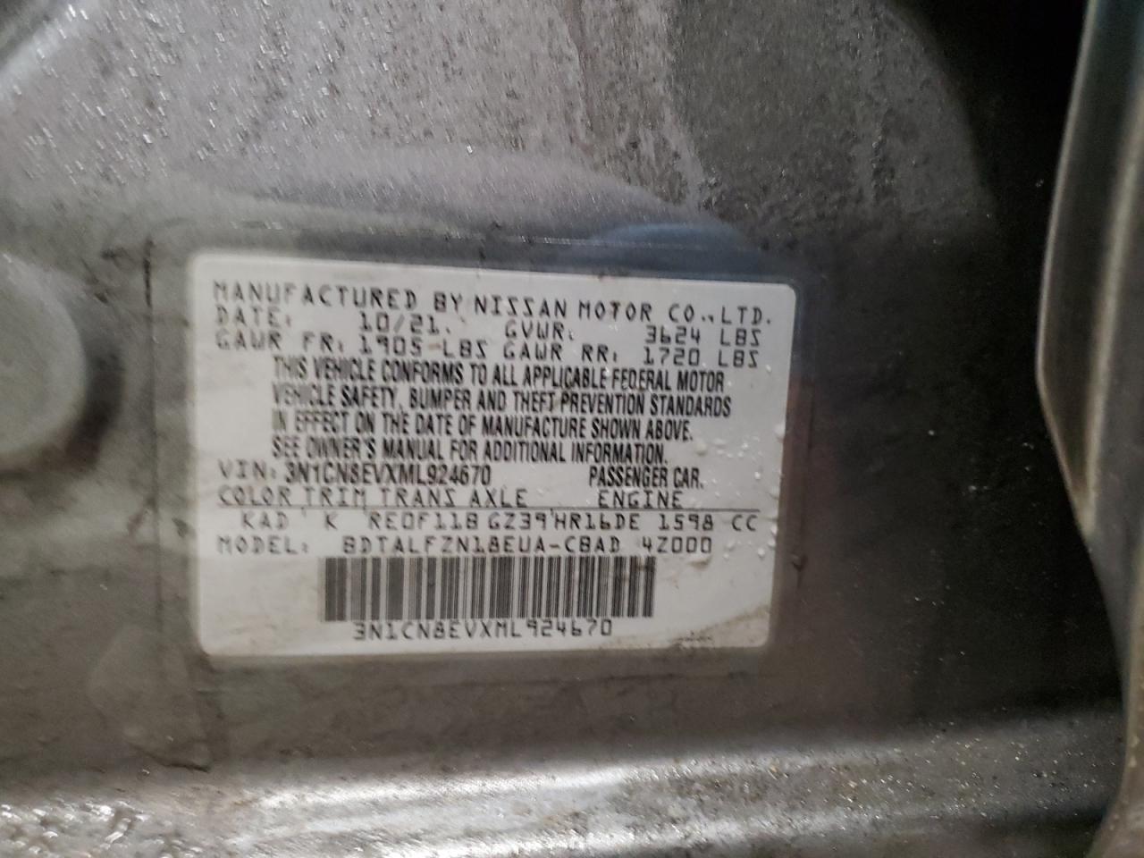 2021 Nissan Versa VIN 3N1CN8EVXML924670 Copart auction photo, front end damage thumbnail 14