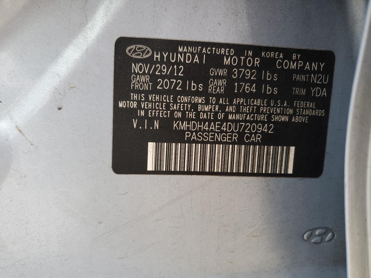 2013 Hyundai Elantra VIN KMHDH4AE4DU720942 Copart auction photo, rear end damage thumbnail 13