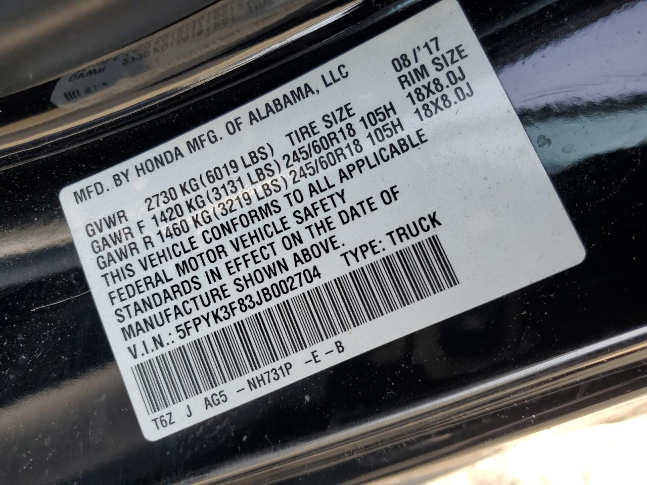 2018 Honda Ridgeline VIN 5FPYK3F83JB002704 Copart auction photo, front end / side damage thumbnail 14