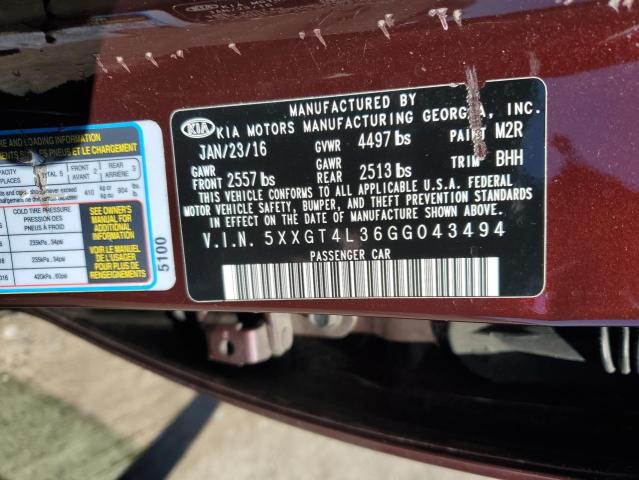 2016 KIA Optima VIN 5XXGT4L36GG043494 Copart auction photo, front end / minor dent/scratches damage thumbnail 12