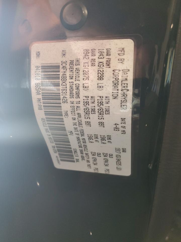2003 Chrysler PT Cruiser VIN 3C4FY48BX3T631426 Copart auction photo, rear end damage thumbnail 13