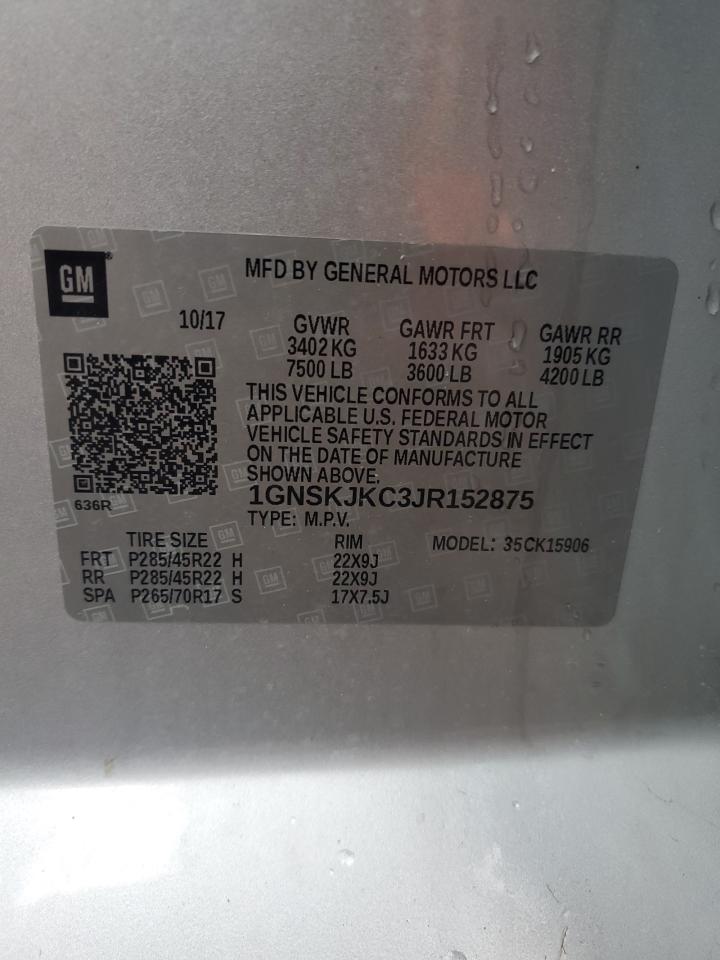 2018 Chevrolet Suburban VIN 1GNSKJKC3JR152875 Copart auction photo, front end / side damage thumbnail 13
