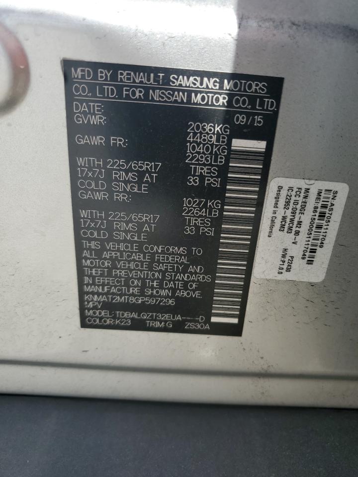 2016 Nissan Rogue VIN KNMAT2MT8GP597296 Copart auction photo, front end damage thumbnail 16