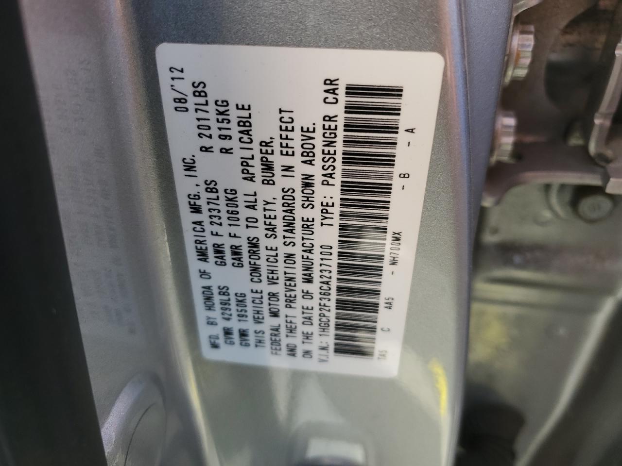 2012 Honda Accord VIN 1HGCP2F36CA237100 Copart auction photo, biohazard/chemical / front end damage thumbnail 13
