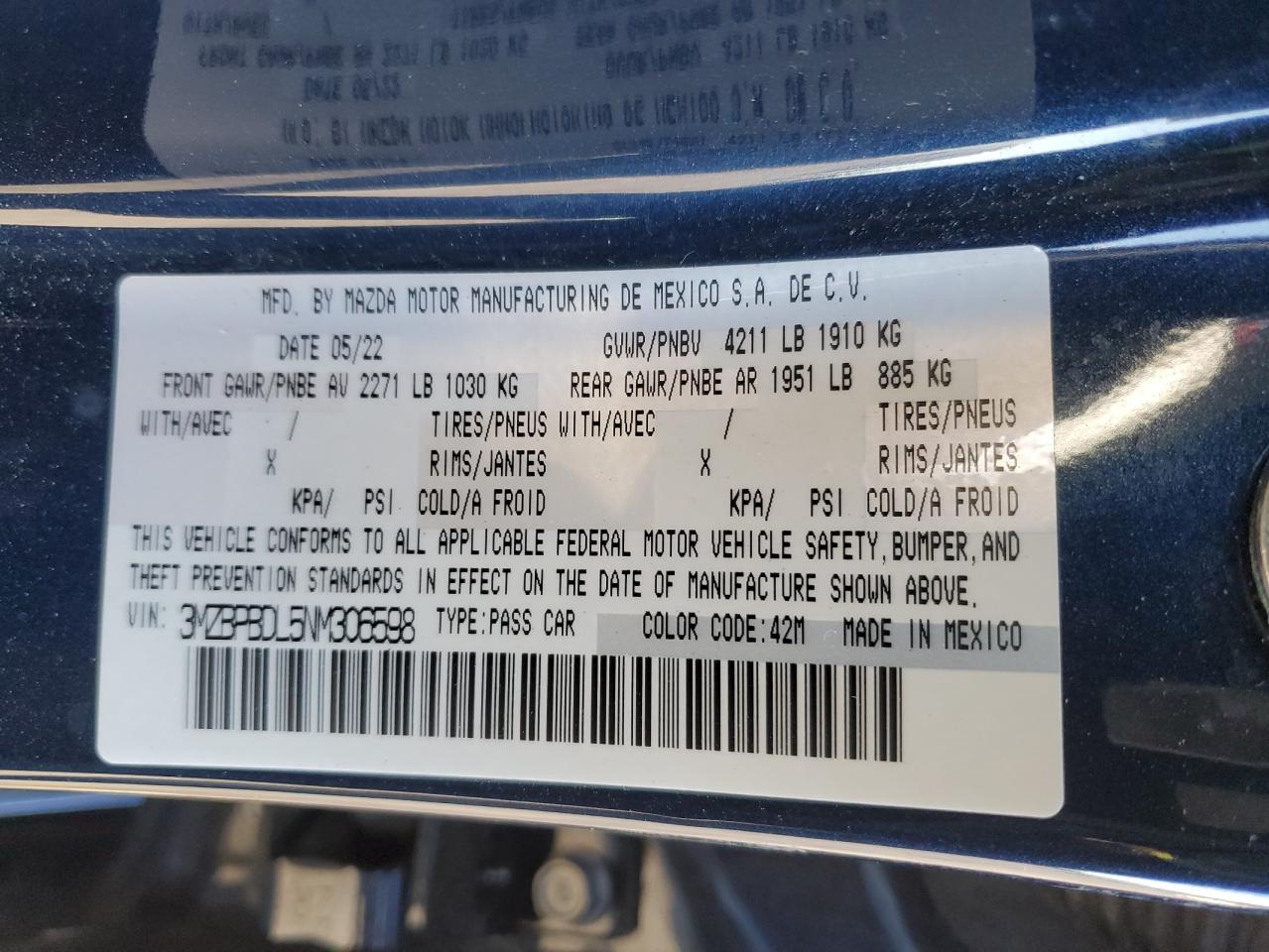 2022 Mazda 3 VIN 3MZBPBDL5NM306598 Copart auction photo, rear end damage thumbnail 12