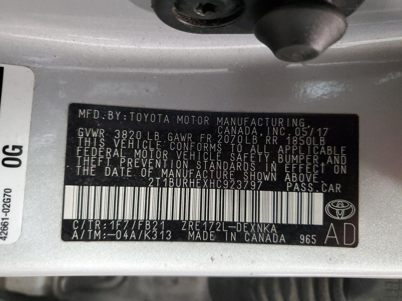 2017 Toyota Corolla VIN 2T1BURHEXHC923797 Copart auction photo, all over damage thumbnail 12
