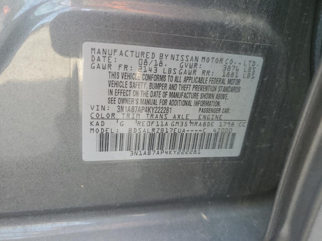 2019 Nissan Sentra VIN 3N1AB7AP4KY222281 Copart auction photo, front end damage thumbnail 12