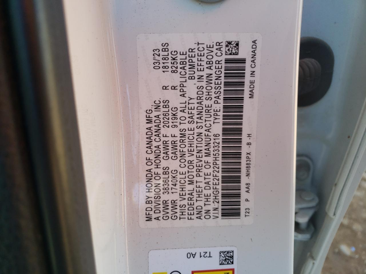 2023 Honda Civic VIN 2HGFE2F22PH533216 Copart auction photo, front end damage thumbnail 15