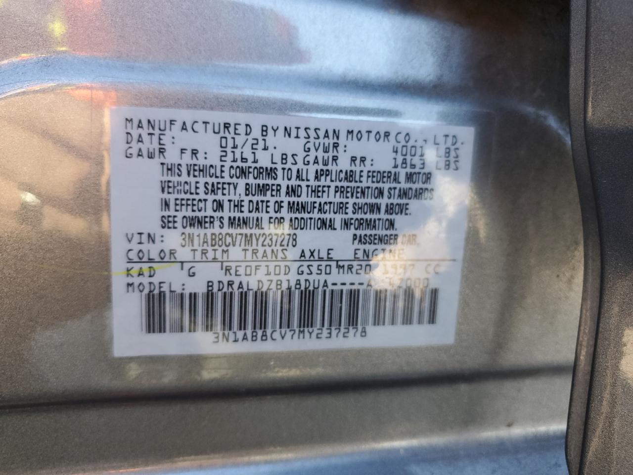 2021 Nissan Sentra VIN 3N1AB8CV7MY237278 Copart auction photo, side / rear end damage thumbnail 13