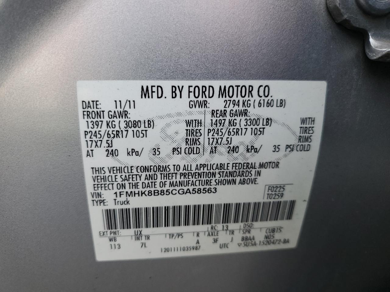 2012 Ford Explorer VIN 1FMHK8B85CGA58563 Copart auction photo, front end / side damage thumbnail 13