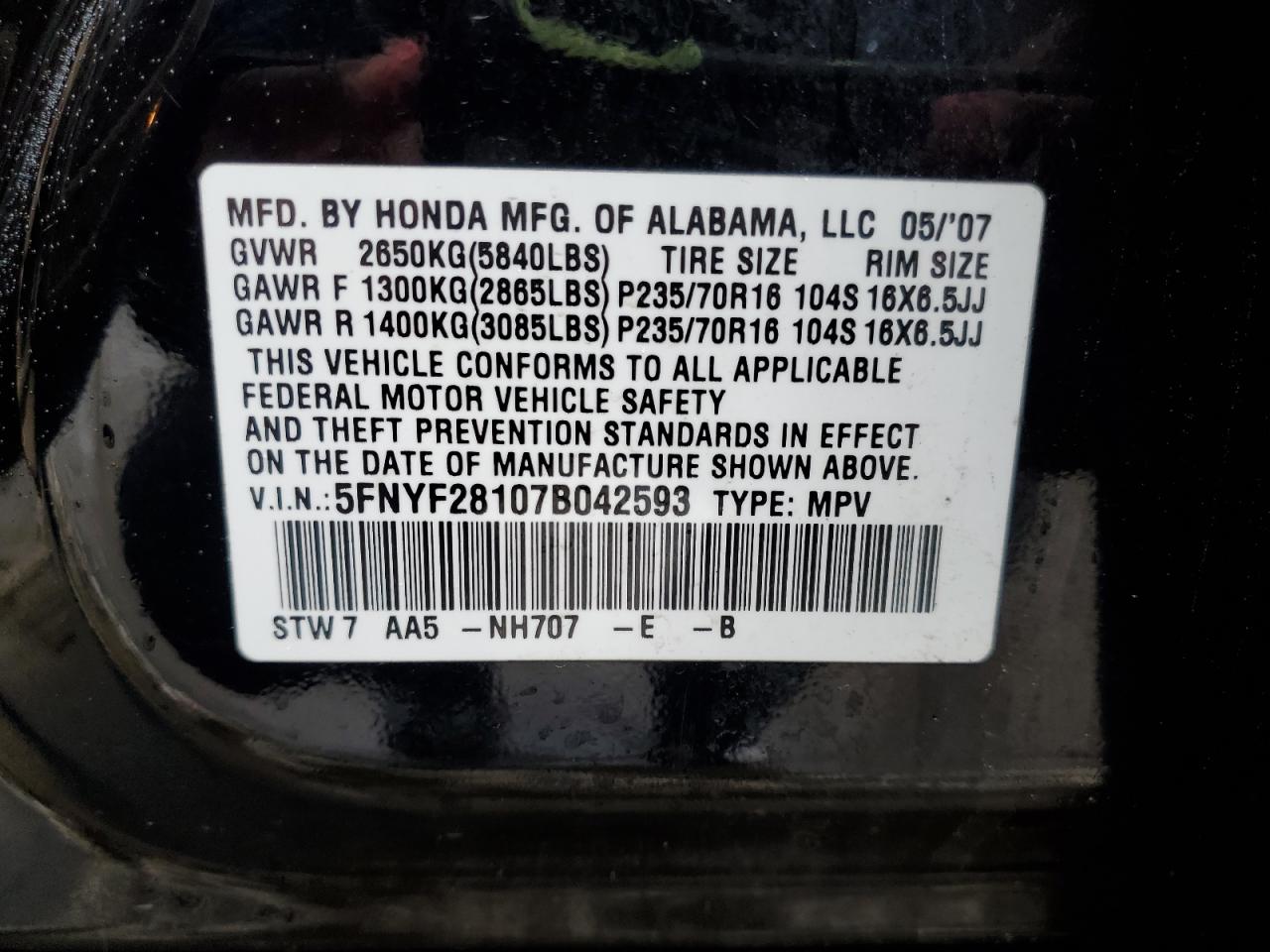 2007 Honda Pilot VIN 5FNYF28107B042593 Copart auction photo, front end damage thumbnail 14