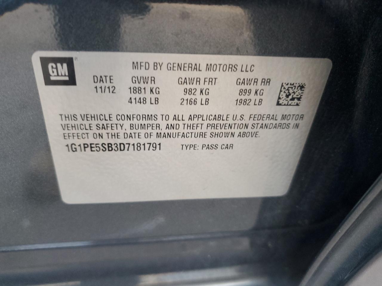 2013 Chevrolet Cruze VIN 1G1PE5SB3D7181791 Copart auction photo, rear end / minor dent/scratches damage thumbnail 12
