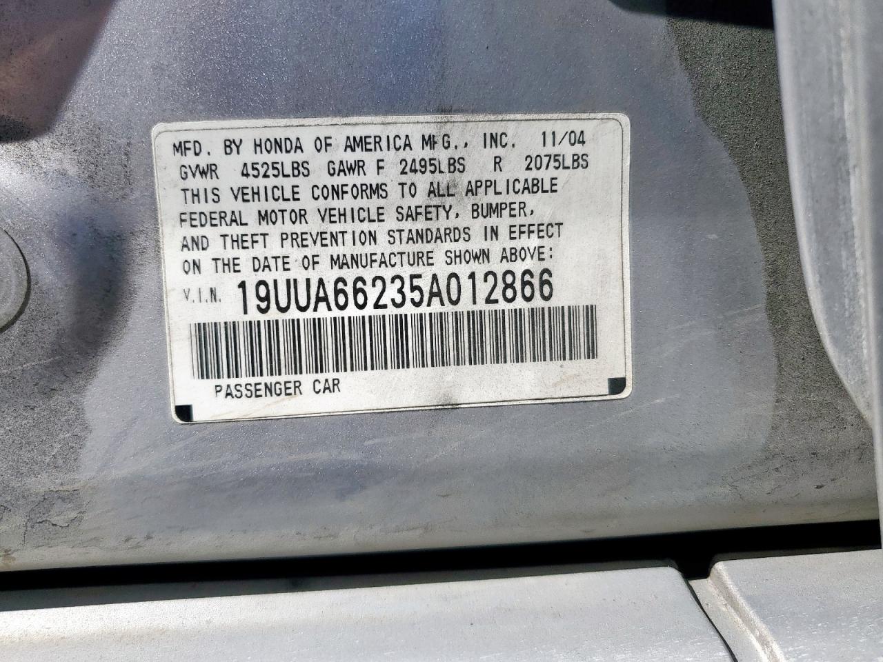 2005 Acura TL VIN 19UUA66235A012866 Copart auction photo, front end / minor dent/scratches damage thumbnail 13