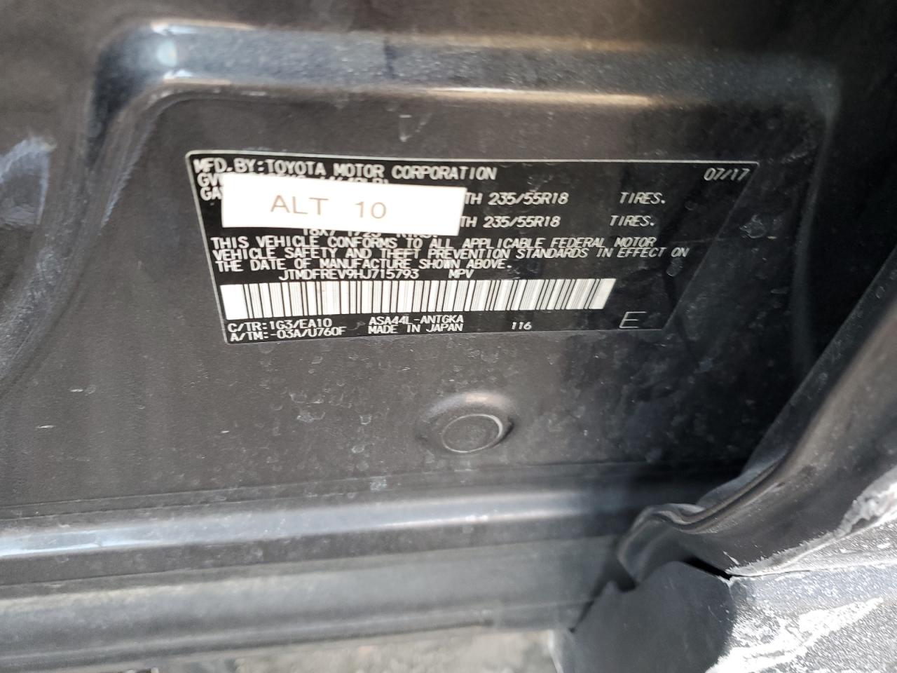 2017 Toyota RAV 4 VIN JTMDFREV9HJ715793 Copart auction photo, rear end / side damage thumbnail 14