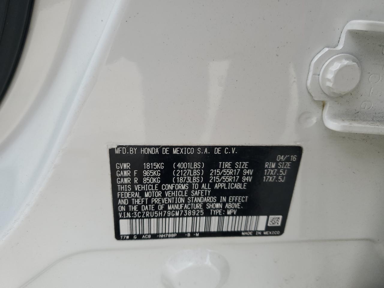 2016 Honda HR-V VIN 3CZRU5H79GM738925 Copart auction photo, rear end damage thumbnail 14