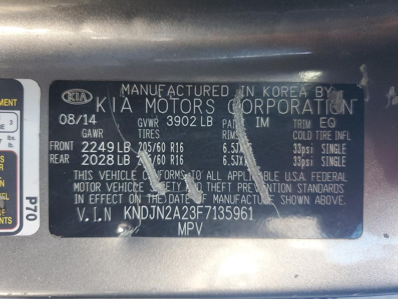 2015 KIA Soul VIN KNDJN2A23F7135961 Copart auction photo, normal wear / minor dent/scratches damage thumbnail 13