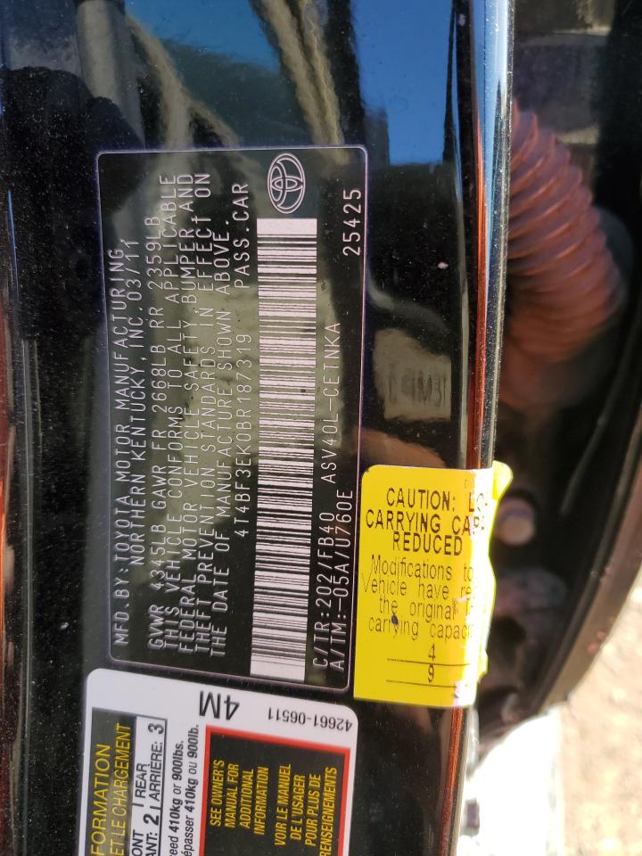 2011 Toyota Camry VIN 4T4BF3EK0BR187319 Copart auction photo, side / minor dent/scratches damage thumbnail 12