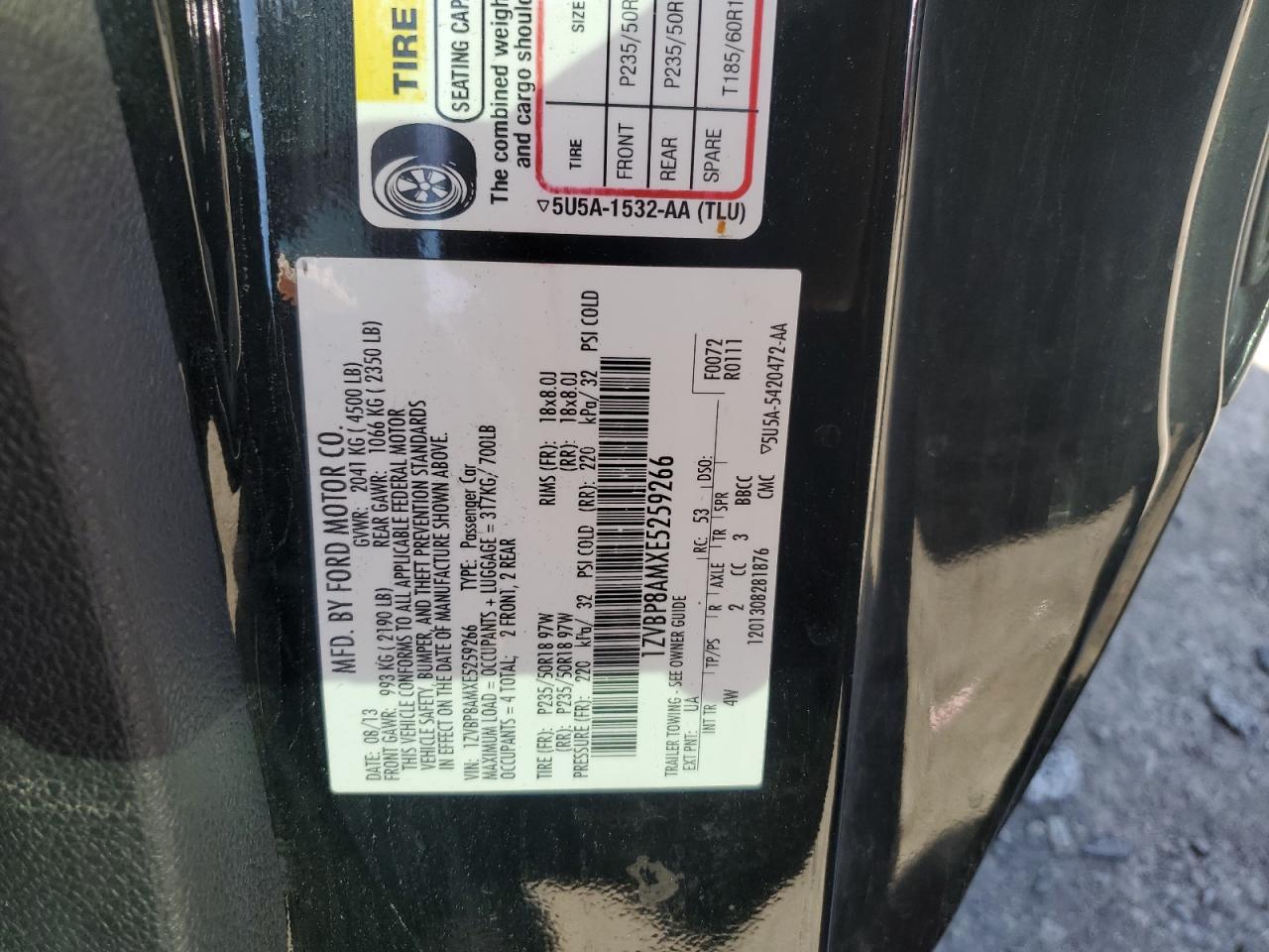 2014 Ford Mustang VIN 1ZVBP8AMXE5259266 Copart auction photo, front end / side damage thumbnail 13