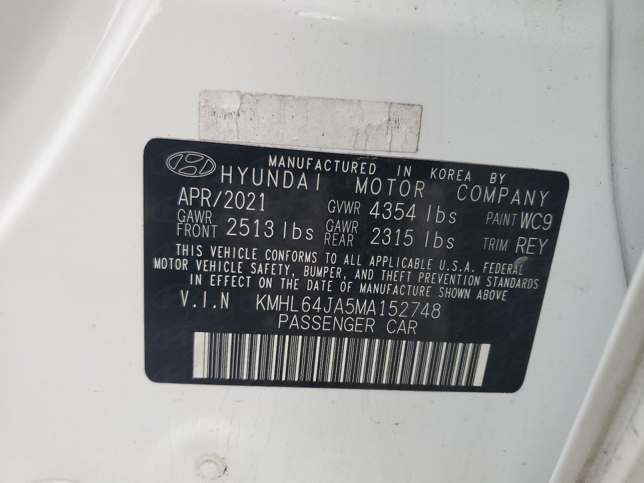 2021 Hyundai Sonata VIN KMHL64JA5MA152748 Copart auction photo, rear end / front end damage thumbnail 14