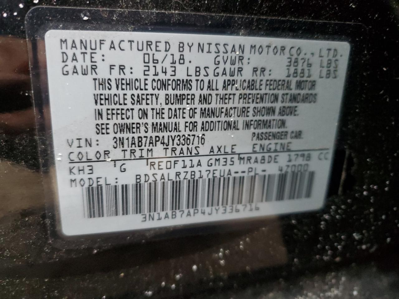2018 Nissan Sentra VIN 3N1AB7AP4JY336716 Copart auction photo, front end damage thumbnail 12
