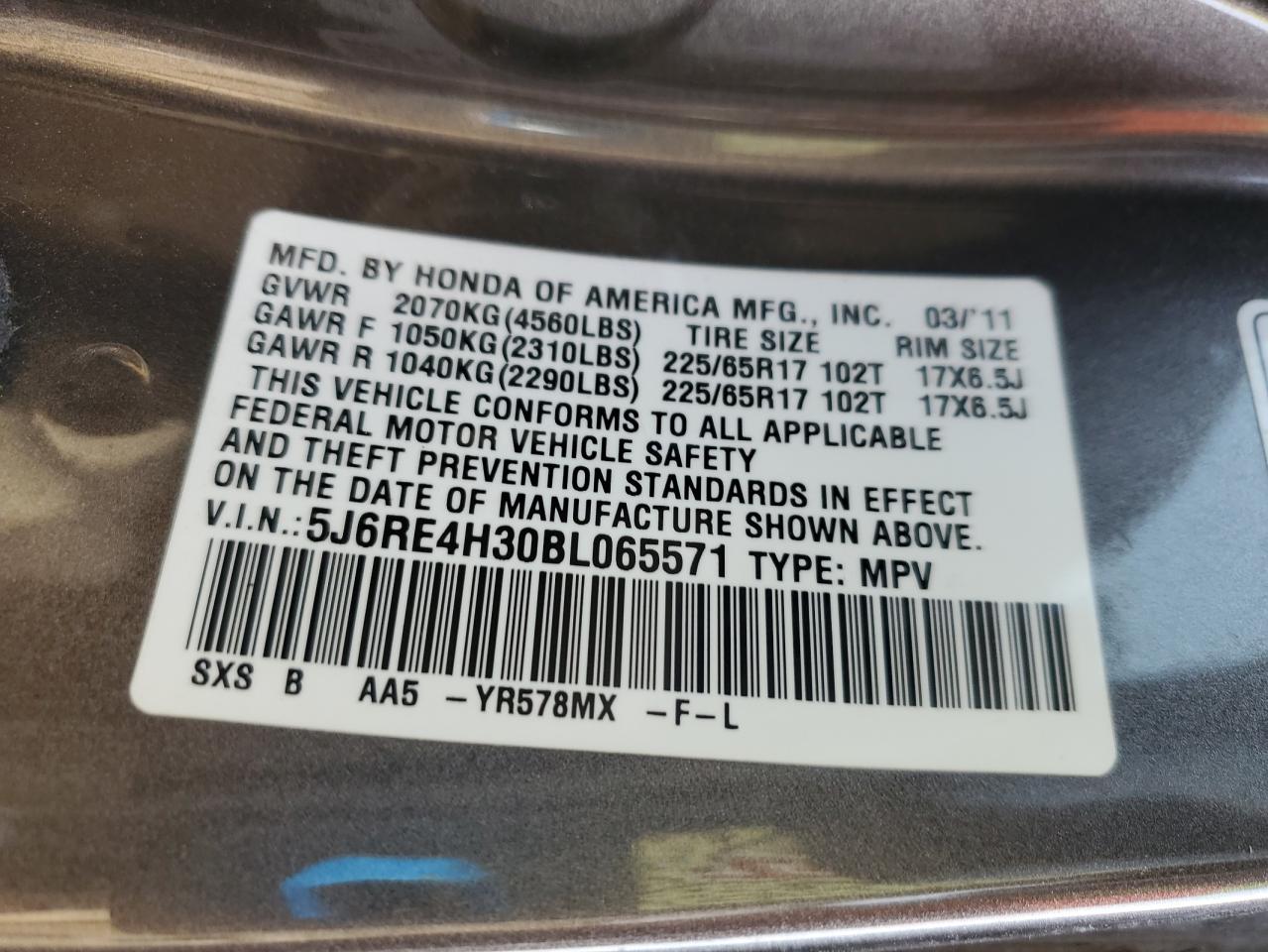 2011 Honda CR-V VIN 5J6RE4H30BL065571 Copart auction photo, front end / side damage thumbnail 14