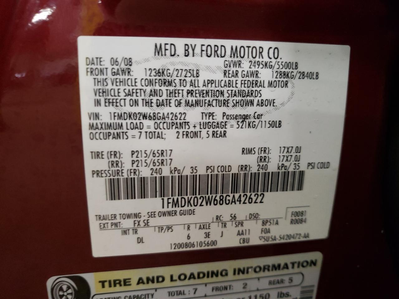 2008 Ford Taurus VIN 1FMDK02W68GA42622 Copart auction photo, all over damage thumbnail 13