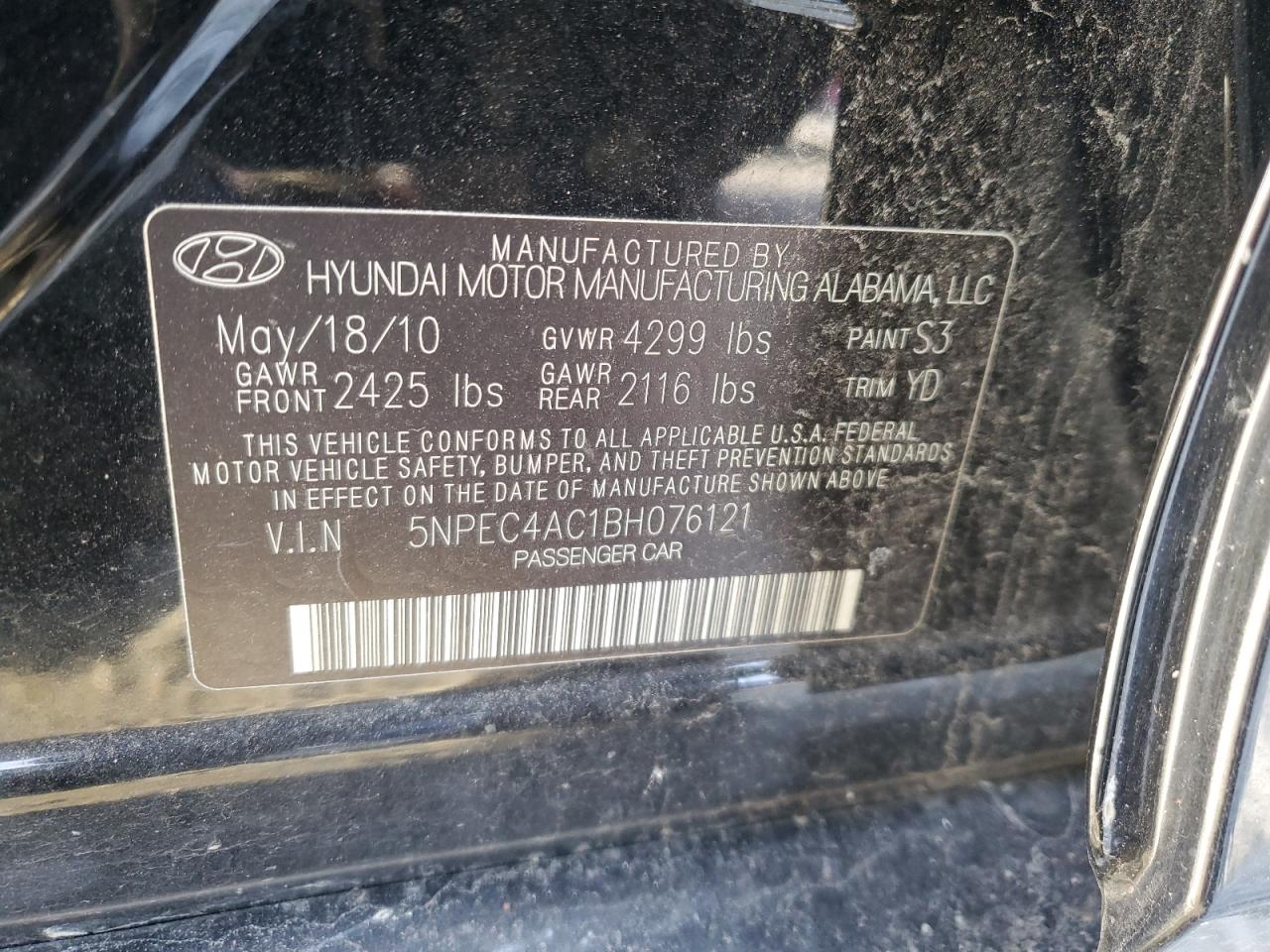 2011 Hyundai Sonata VIN 5NPEC4AC1BH076121 Copart auction photo, all over damage thumbnail 13