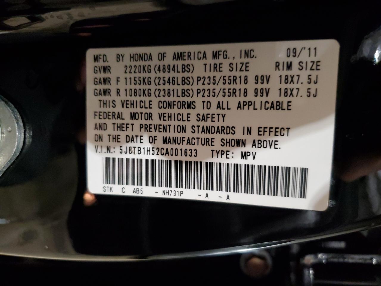 2012 Acura RDX VIN 5J8TB1H52CA001633 Copart auction photo, minor dent/scratches damage thumbnail 13