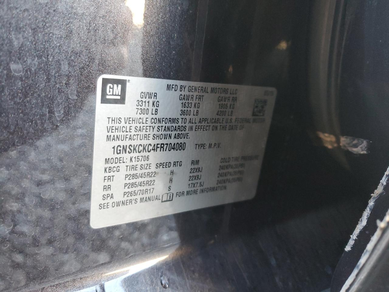 2015 Chevrolet Tahoe VIN 1GNSKCKC4FR704080 Copart auction photo, rear end damage thumbnail 14