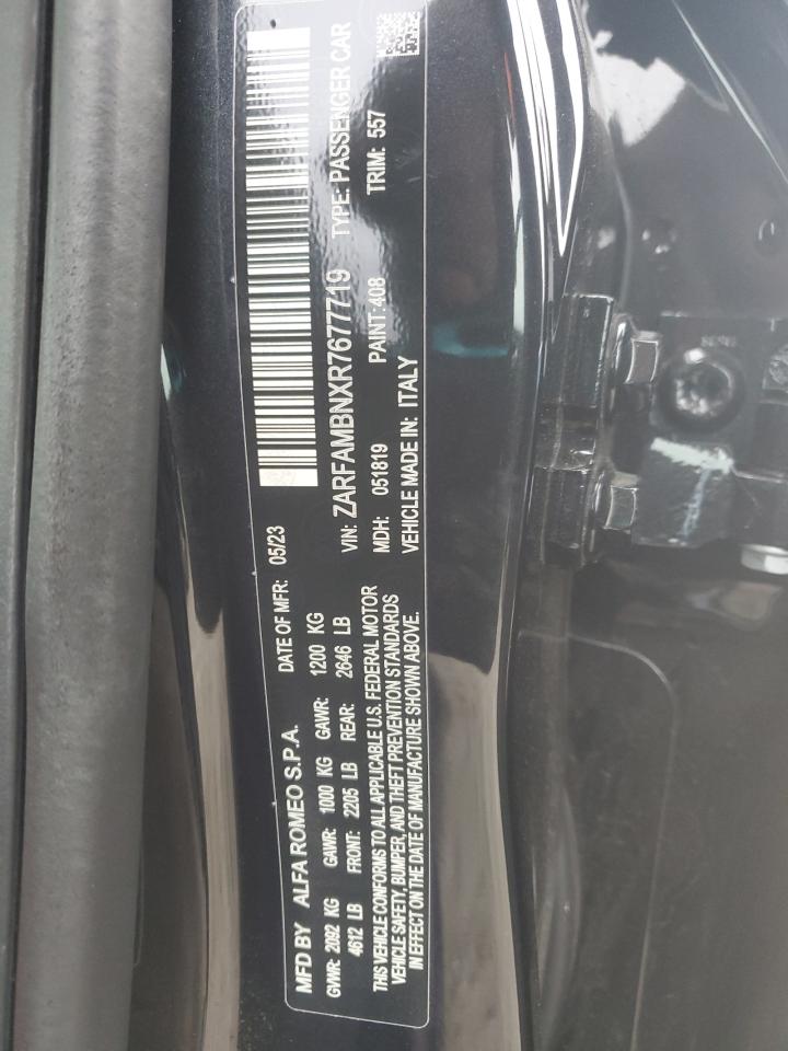 2024 Alfa Romeo Giulia VIN ZARFAMBNXR7677719 Copart auction photo, water/flood damage thumbnail 13