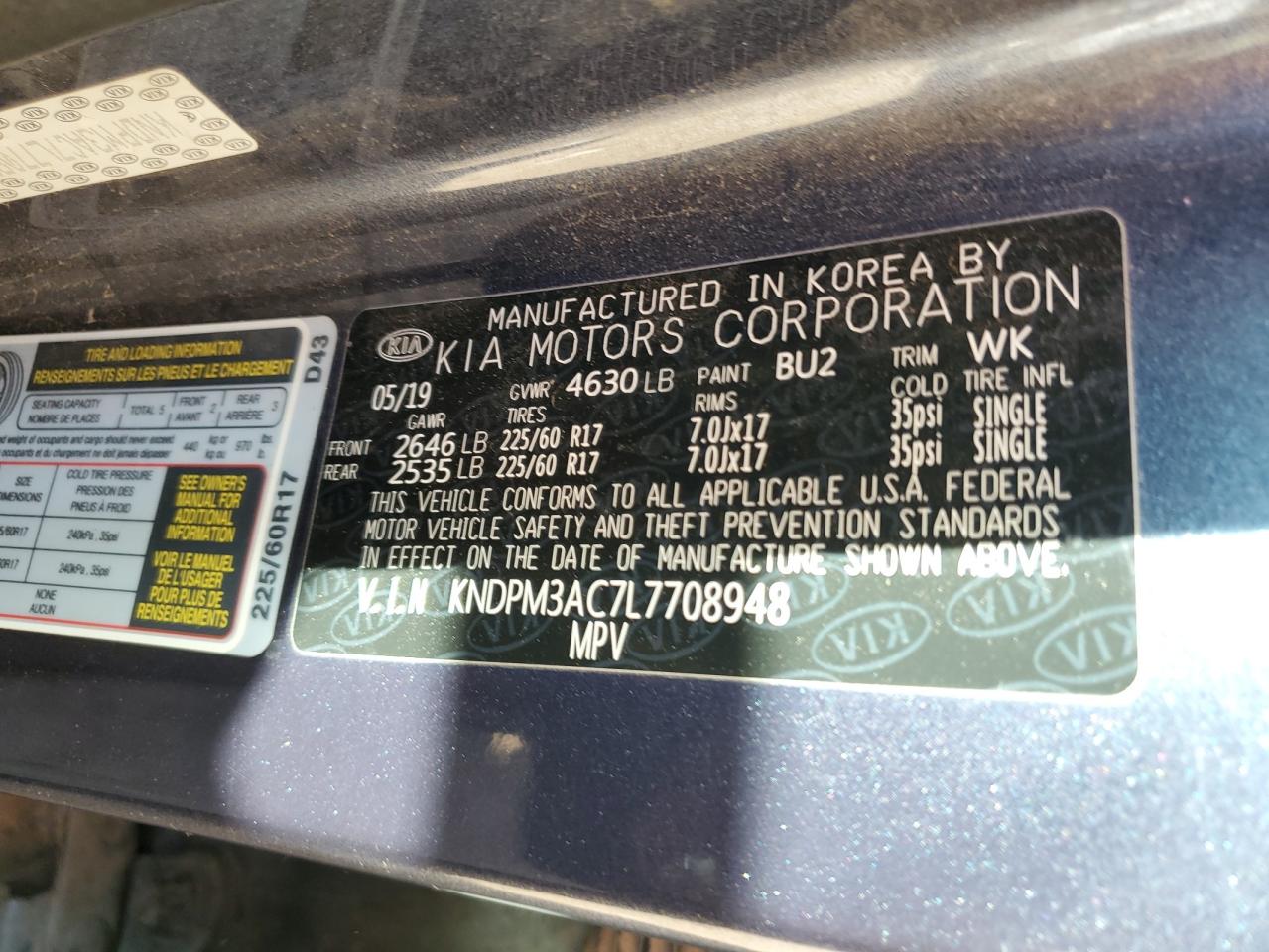 2020 KIA Sportage VIN KNDPM3AC7L7708948 Copart auction photo, front end / mechanical damage thumbnail 12