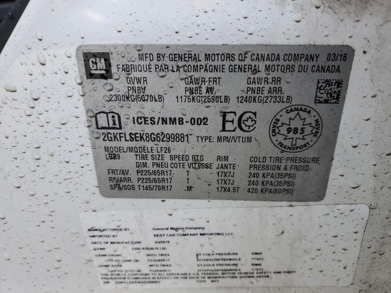 2016 GMC Terrain VIN 2GKFLSEK8G6299881 Copart auction photo, rollover damage thumbnail 13