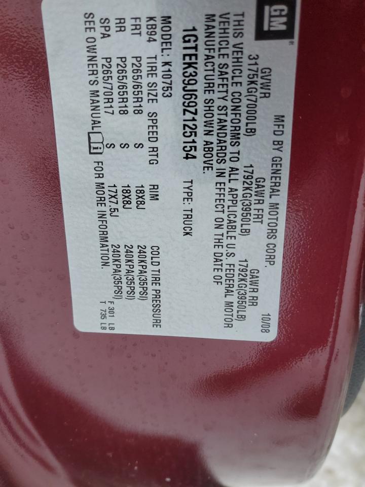2009 GMC Sierra VIN 1GTEK39J69Z125154 Copart auction photo, front end damage thumbnail 14